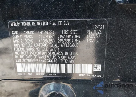 2022 Honda Hr-V Awd Ex из США, поврежденный, VIN 3CZRU6H54NM736646